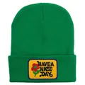 Neon green knit beanie with Have a Nice Day floral patch and cuffed design - Adult - Adjustable / Green