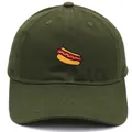 Army green cotton baseball cap featuring detailed hot dog embroidery on a soft crown - Adult - Adjustable / Army Green