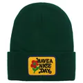 Dark green knitted beanie featuring a yellow 'HAVE A NICE DAY' patch with a red flower - Adult - Adjustable / Dark Green