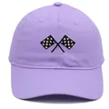 Close-up of lavender cotton baseball cap with embroidered racing flags and stitched brim - Adult - Adjustable / Light Purple