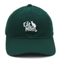 Detailed white Cat Mom embroidery on a dark green cotton baseball cap with curved brim - Dark Green