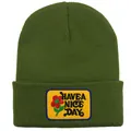 Army green beanie with yellow Have a Nice Day embroidered patch and flower detail - Adult - Adjustable / Army Green