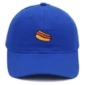 Blue cotton baseball cap featuring detailed hot dog embroidery on a classic soft crown - Adult - Adjustable / Sapphire Blue
