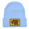 Light blue knit beanie featuring a yellow Have a Nice Day patch with sunflower - Adult - Adjustable / Sky Blue