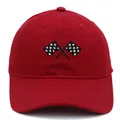 Red cotton baseball cap featuring embroidered checkered racing flags with adjustable soft crown - Adult - Adjustable / Burgundy