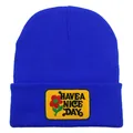 Royal blue knitted beanie with yellow Have a Nice Day embroidery patch for winter - Adult - Adjustable / Sapphire Blue