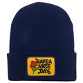 Navy blue knitted beanie with a yellow Have a Nice Day floral embroidered patch - Adult - Adjustable / Navy Blue