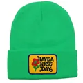 Bright green knitted beanie featuring a yellow Have a Nice Day floral patch - Adult - Adjustable / Fluorescent Green