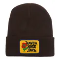 Dark brown knit beanie featuring a yellow 'Have a Nice Day' flower embroidery patch - Adult - Adjustable / Coffee