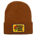 Caramel knit beanie for women with Have A Nice Day patch embroidery in retro style - Adult - Adjustable / Caramel