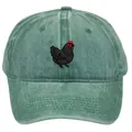 Close-up of fine black hen embroidery on dark green washed cotton baseball cap texture - Adult - Adjustable / Dark Green