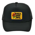 Detail of embroidered Have a Nice Day flower patch on black mesh trucker cap - All Black