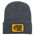 Dark grey knitted beanie with yellow Have a Nice Day patch for winter style - Adult - Adjustable / Deep Heather Grey