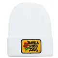 White knitted beanie with Have A Nice Day flower embroidery patch for winter - Adult - Adjustable / White