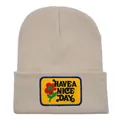 Beige knitted beanie with Have a Nice Day flower patch, casual cuffed ski hat - Adult - Adjustable / Beige