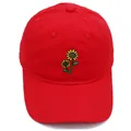 Red washed cotton baseball cap with detailed yellow sunflower embroidery on front - Red