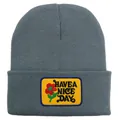 Dark grey knitted beanie with yellow Have a Nice Day flower patch and fold-over cuff - Adult - Adjustable / Silver Gray