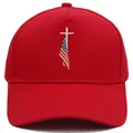Red 5-panel baseball cap featuring embroidered American flag and cross on cotton twill - M (56-58cm) / Red