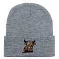 Detailed embroidery of a Highland cow on a grey knit beanie cap with folded brim - Stretchy / Light Heather Grey