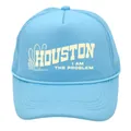 Close-up of Houston I Am The Problem print and breathable mesh on light blue trucker hat - Adult - Adjustable / All Sky Blue