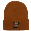 Caramel knit beanie with highland cow embroidery and fine ribbed texture for winter - Stretchy / Caramel color