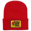 Red ribbed knit beanie featuring a yellow 'HAVE A NICE DAY' patch with small flower - Adult - Adjustable / Red