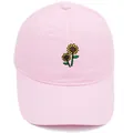 Pink washed cotton baseball cap featuring detailed sunflower floral embroidery on front - Pink