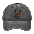 Vintage washed grey baseball cap with highland cow embroidery and adjustable fit - Adult 56-60cm / Black