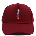 Burgundy baseball cap featuring cross and US flag embroidery on a cotton crown - M (56-58cm) / Burgundy