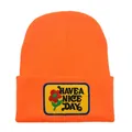 Bright orange knit beanie with Have a Nice Day floral embroidery patch in a soft finish - Adult - Adjustable / Orange