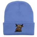 Vibrant blue knit beanie featuring a brown cartoon highland cow embroidery for winter wear - Stretchy / Cyan Blue