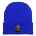 Royal blue knitted beanie with brown highland cow embroidery for men and women winter - Stretchy / Sapphire Blue