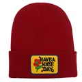 Dark red knit beanie with yellow patch featuring Have a nice day embroidery and red flower - Adult - Adjustable / Burgundy