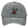 Vintage washed grey baseball cap with highland cow embroidery and curved brim - Adult 56-60cm / Gray