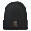 Berretto classico in maglia nera con ricamo dettagliato di una mucca delle Highland sul davanti - Elasticizzato / Nero
