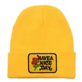 Bright yellow ribbed knit beanie featuring Have a Nice Day floral embroidery patch - Adult - Adjustable / Yellow