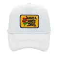 White trucker hat with yellow patch featuring HAVE A NICE DAY text and flower embroidery - All White