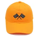 Orange cotton baseball cap featuring embroidered racing flags with a soft top - Adult - Adjustable / Orange