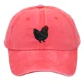 Berretto da baseball in cotone rosso lavato con toppa ricamata a forma di pollo nero - Adulto - Regolabile / Rosso