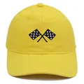 Yellow cotton baseball cap with embroidered racing checkered flag pattern on the front - Adult - Adjustable / Yellow