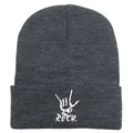 Detail of Rock hand gesture embroidery on dark grey ribbed knit beanie hat for winter - Deep Heather Grey