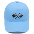 Sky blue cotton baseball cap featuring embroidered black and white racing flags - Adult - Adjustable / Sky Blue