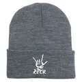 Close-up of ribbed knit texture and white Rock On hand gesture print on dark grey beanie - Medium Heather Grey