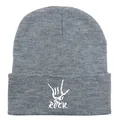 Grey rib-knit beanie with white ROCK embroidery and rock-on hand sign gesture - Light Heather Grey