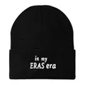 Detailed view of white in my ERAS era embroidery on black knit beanie cuff - One Size (54-60cm) / Black