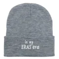 Gray knitted beanie with white in my ERAS era embroidery in minimalist style - One Size (54-60cm) / Light Heather Grey