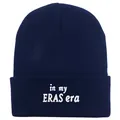 Detail of white in my ERAS era embroidery on a navy blue ribbed knit beanie hat - One Size (54-60cm) / Navy Blue