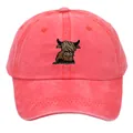 Vintage washed coral pink baseball cap featuring a cute Highland cow embroidery - Adult 56-60cm / Red