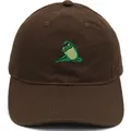Donkerbruine katoenen baseballpet met groene yoga-kikker borduursel op de voorkant - koffiekleur