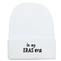 White knit beanie hat featuring black in my ERAS era embroidery on folded cuff - One Size (54-60cm) / White